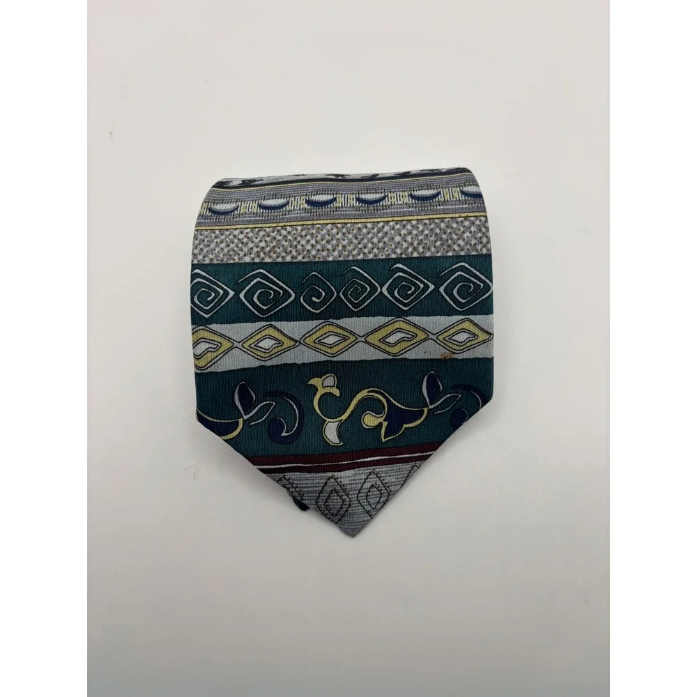 Master-Man Vintage Hand Made Necktie Teal Burgundy Geometric Abstract Pattern